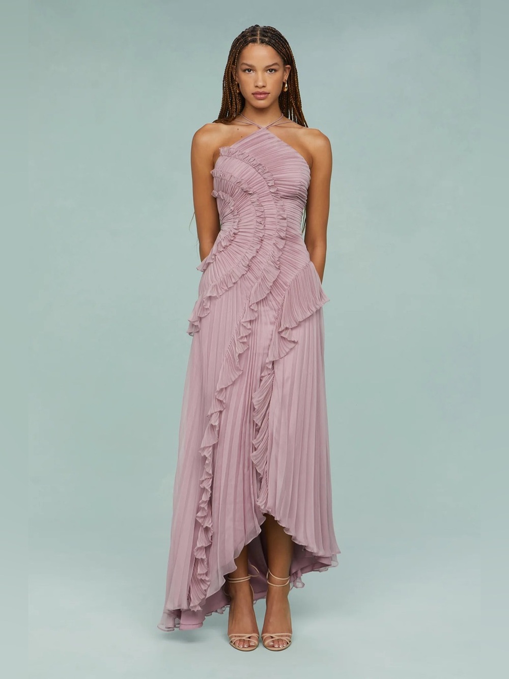 AMUR Dusty Mauve Pleated High-Low Ruffle Dress